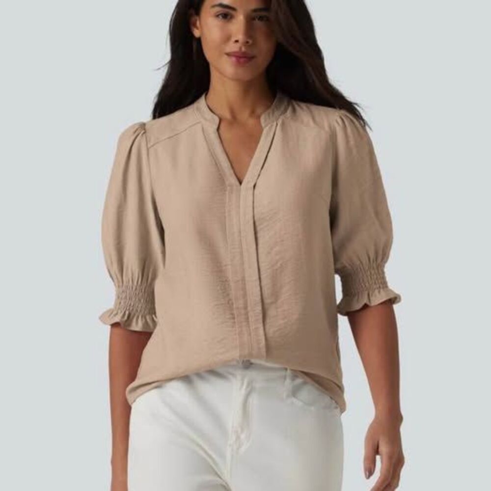Halara V Neck Puff Short Sleeve Casual Blouse Khaki Size Medium NWT